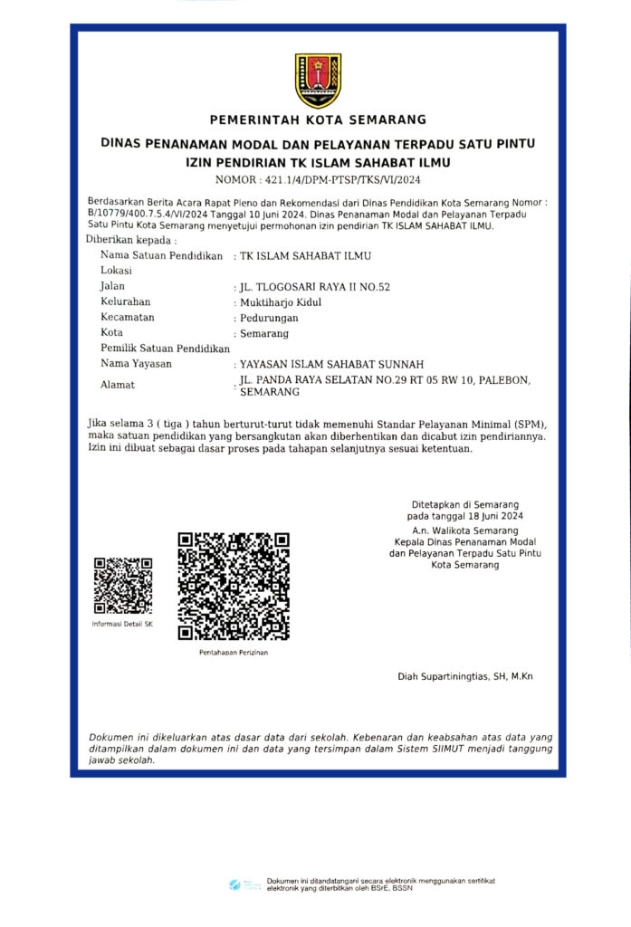 SK Izin Pendirian TK Islam Sahabat Ilmu